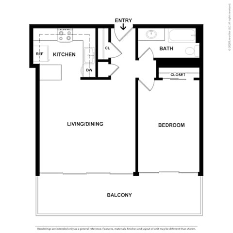 Floor plan for 1 bed, 1 bath, 802 sqft